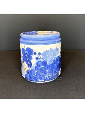 DesignPac Inc. Hand-painted Ceramic Jar Canister Blue & White Grape Vintage